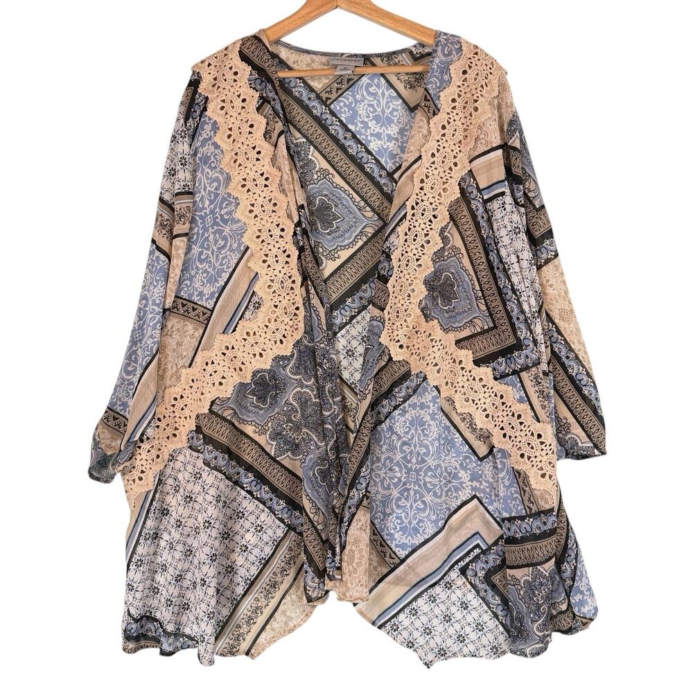 Catherines Patchwork SIZE 4X Womens Open Front Kimono Cardigan Topper Blue 30/32
